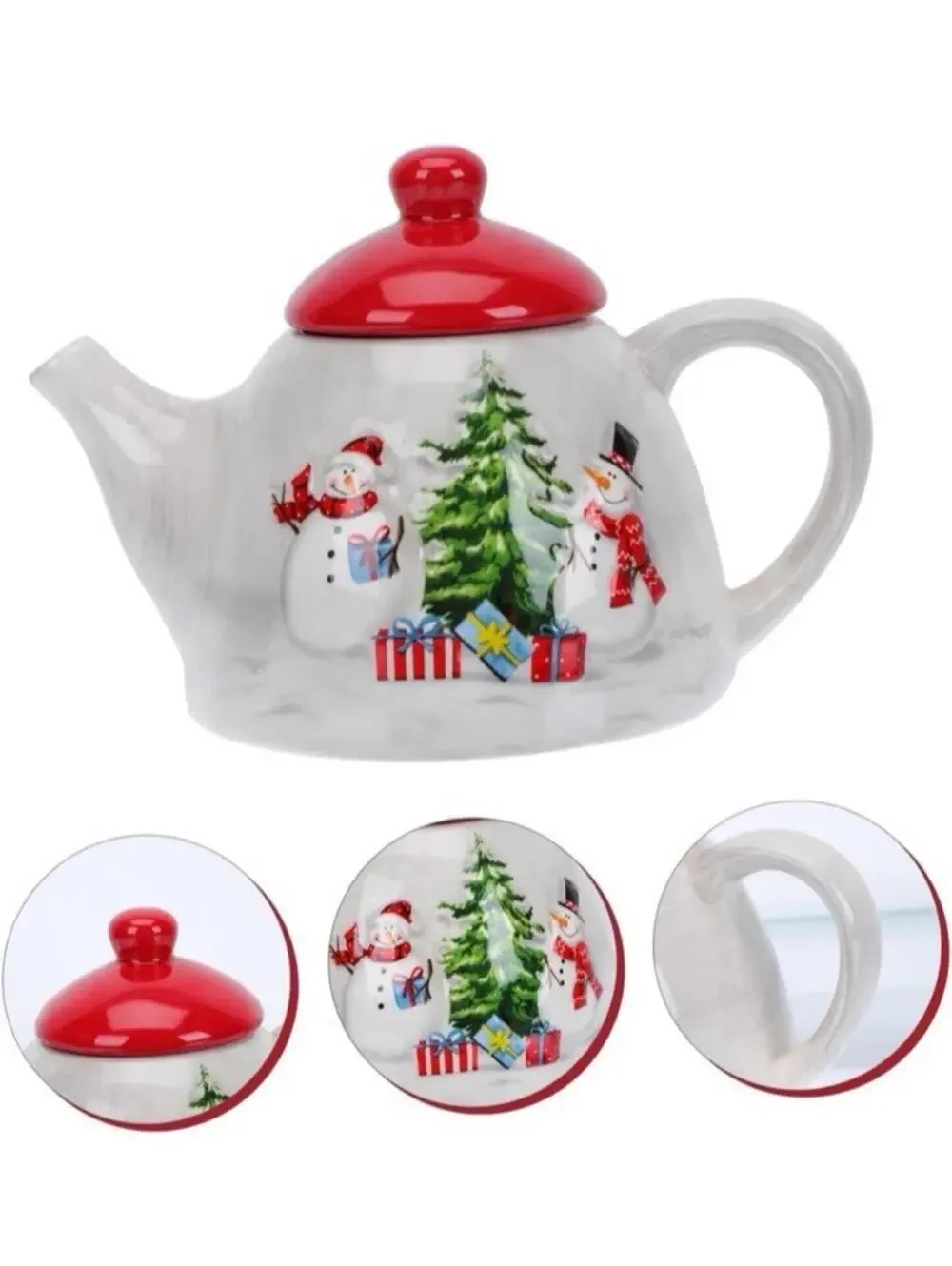 Christmas Ceramic Teapot Milk Pitcher Snowman Holiday Tea Pot Red Lid New